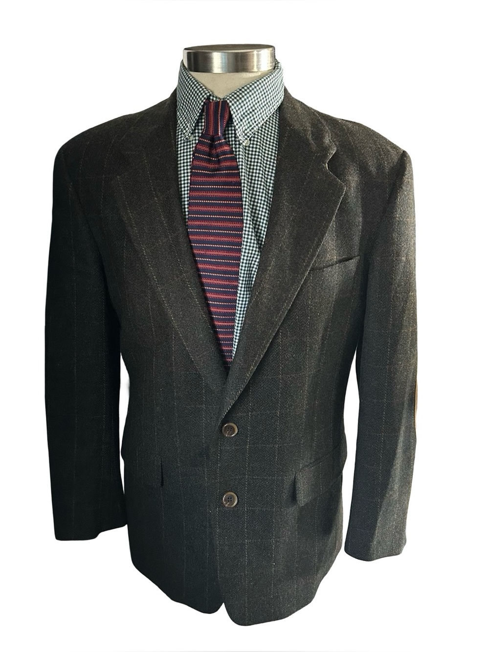 Evan Picone Men 100% Wool Suit Jacket Sports Coat Grey Plaid Elbow Patch Sz 40R
